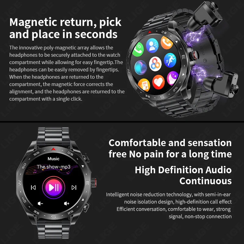 LIGE Smartwatch With Earbuds Bluetooth Headset Speaker Tracker Music Sport Health Track Waterproof AMOLED Screen Men Smart Watch