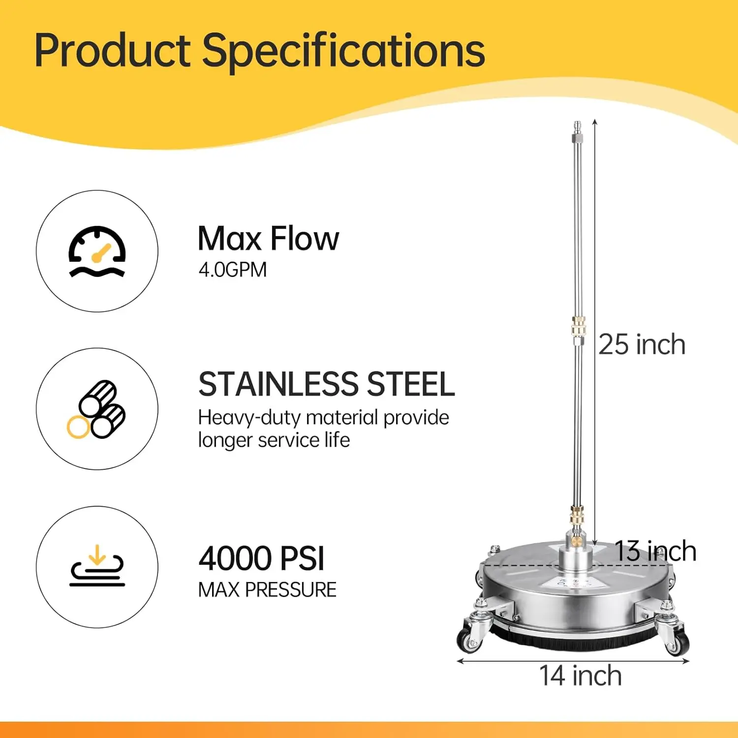 منظف أسطح غسالة الضغط مقاس 14 بوصة مع 4 عجلات، من الفولاذ المقاوم للصدأ للخرسانة والفناء والسطح والممر