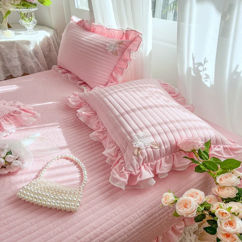 Solid Color High Quality Cotton Thicken Bed Cover Quilted Princess  Bed Skirt Bed Sheet Bedspread Mattress Cover Pillowcases