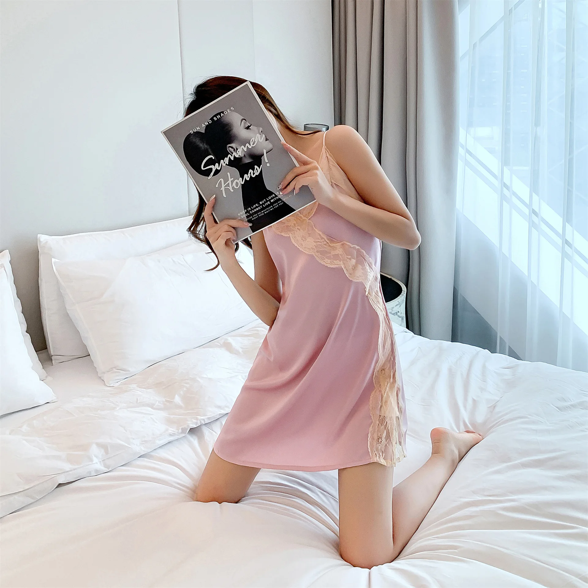 

Sexy Lace Nightdress Backless Suspender Nightgown Loungewear Summer Women Satin Sleepwear Robe Hollow Out Nighty Gown Homewear