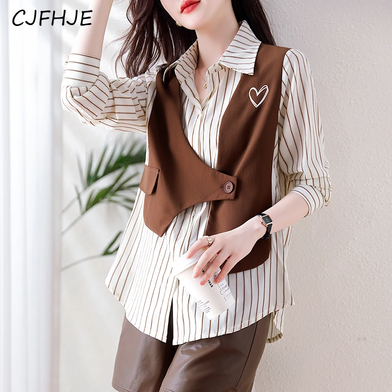 CJFHJE camicetta a righe ricamata in due pezzi finta moda nuova camicetta coreana con colletto rovesciato a maniche lunghe top eleganti