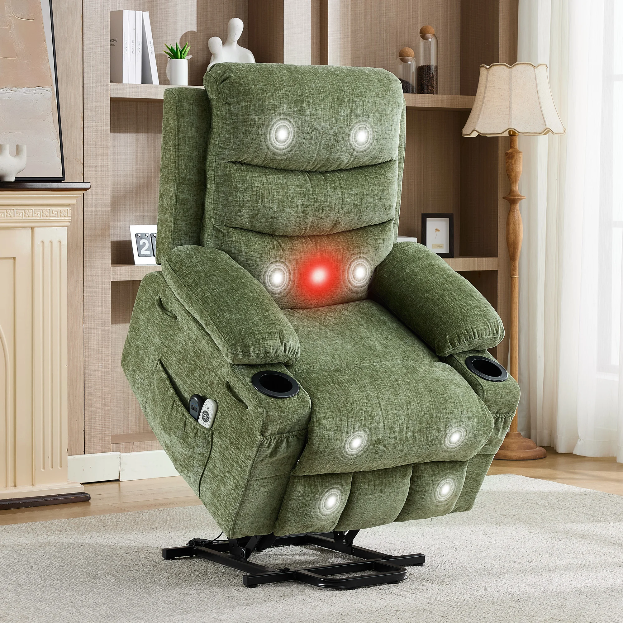 Power Lift Recliner Chair for Elderly, Oversized Stand Assist Lounge Chair, Heat & Massage, Lumbar Support, 2 Cup Holders, Easy Assembly, Living Room/Home Theater
