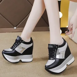 Comemore Wedge 10cm Thick Sole Tennis Sports Fashion White Sneakers Women's Platform Casual Shoes Height Increasi Leathe Shoe 34