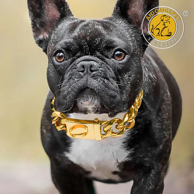 Gold Dog Luxury Necklace Stainless Steel Dogs Collar Small Big Dogs Silver Solid Cuban Link Chain for Pet Supplies Accessories