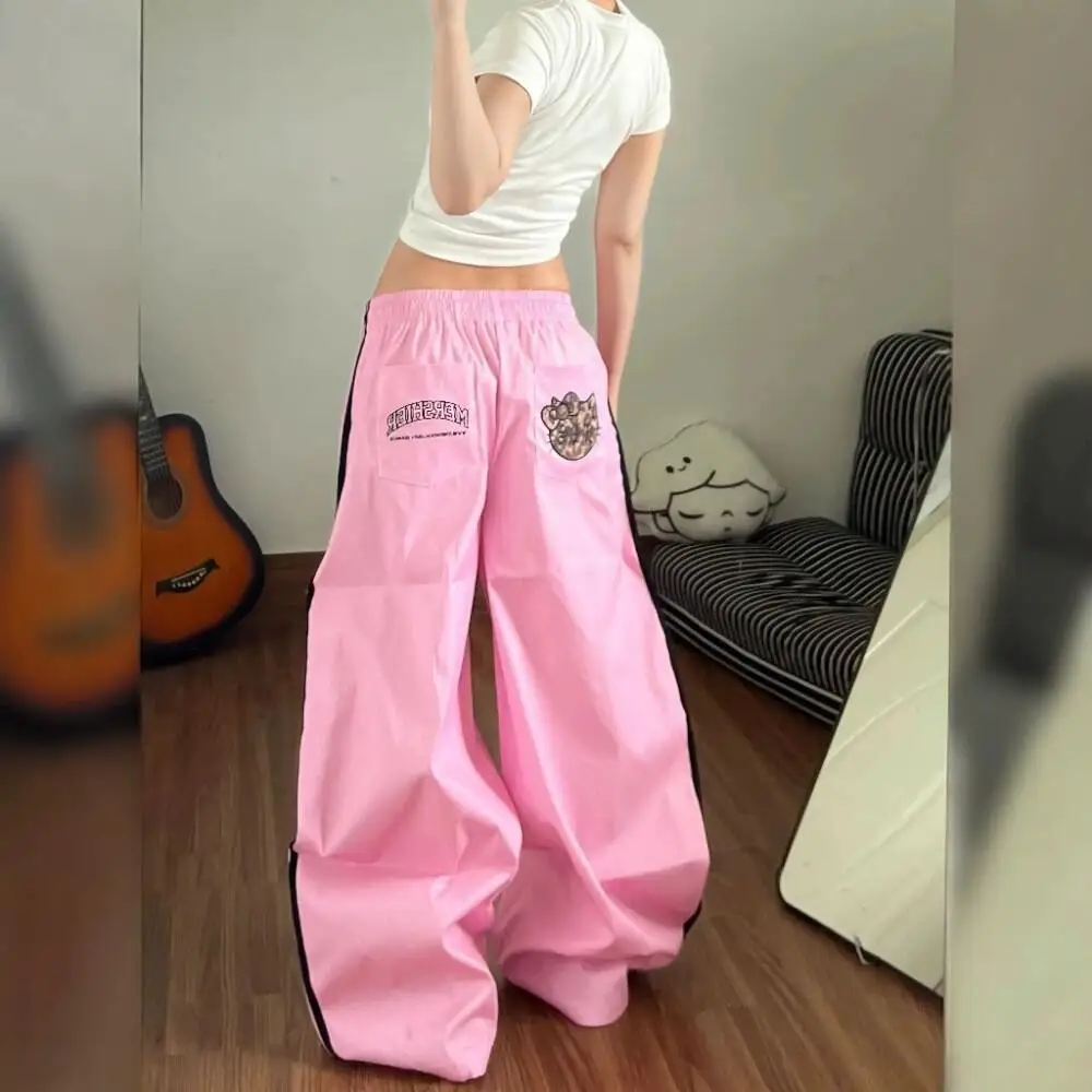

Sanrio Kawaii Wide Leg Pants Y2K Hello Kitty American Anime Loose Trousers for Women Trend Girls Student Embroidery Casual Pants