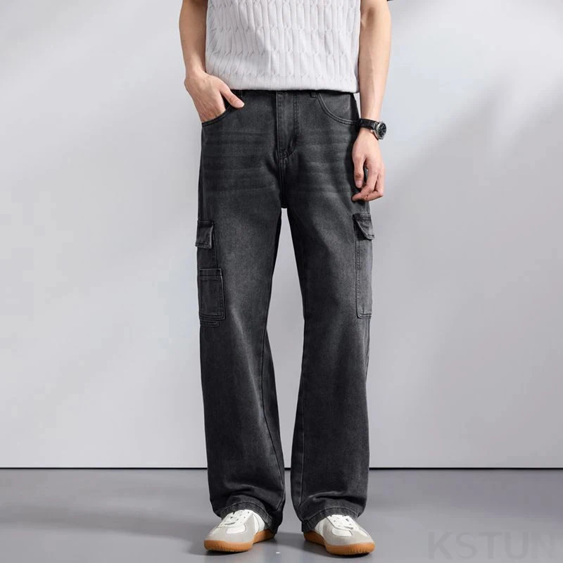 2026 Spring Men's Loose Straight Jeans Wide Leg Vintage Grey Cargo Pants Male Streetwear Trousers Multi-pockets Designer