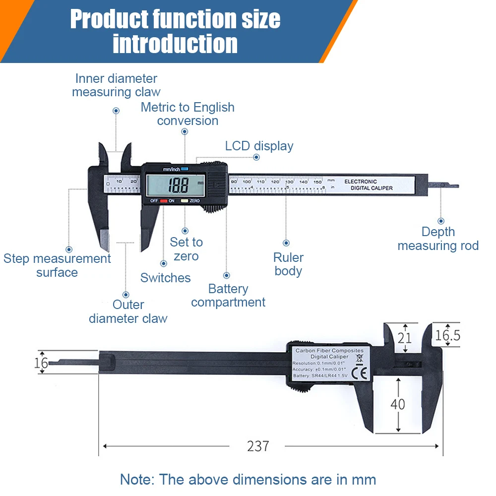 100/150mm Electronic Digital Caliper 6Inch Vernier Caliper Gauge Micrometer Measuring Tool Pachometer Digital Ruler with Battery