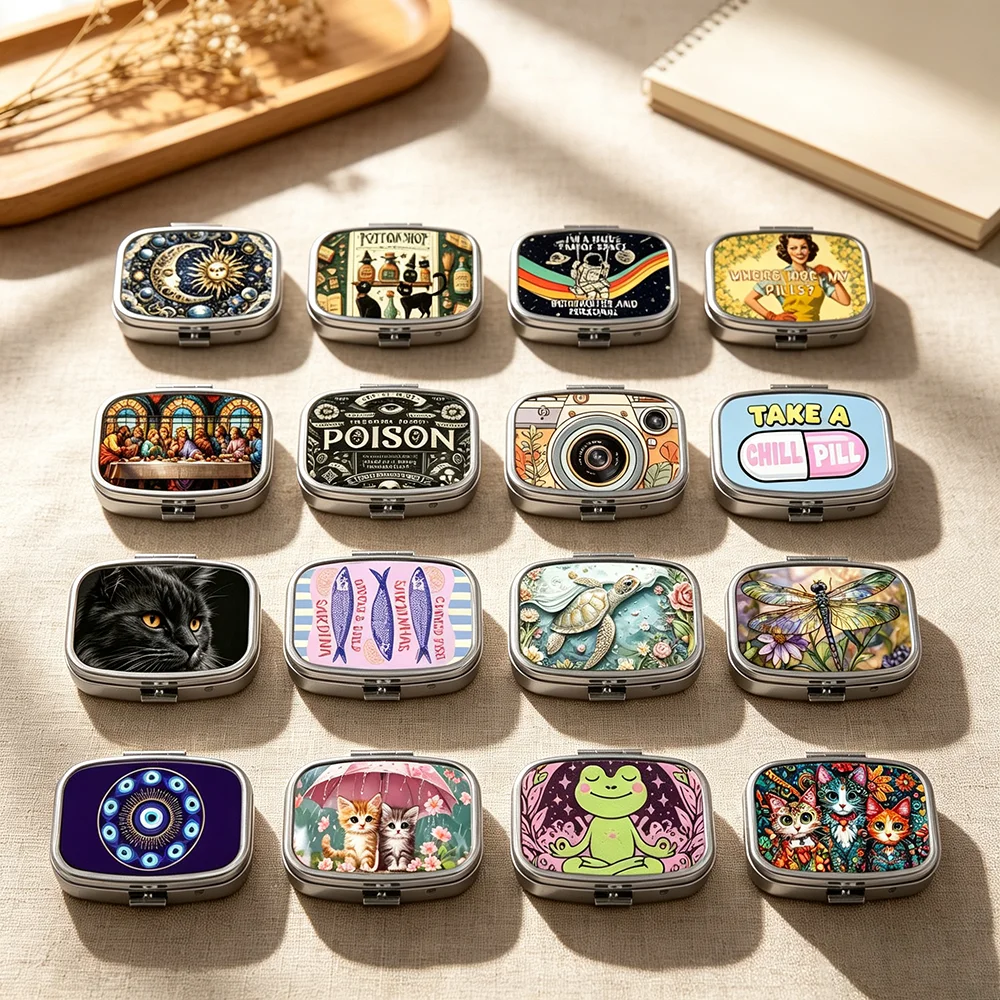 Cute Sardines Print Pill Box 2-Compartment Medicine Pill Organizer Cartoon Cat Portable Medicine Storage Box Travel Accessories