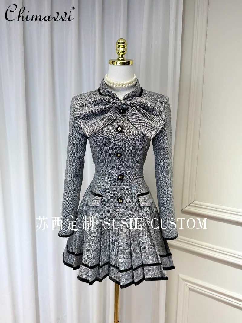

High-End French Stand Collar Detachable Butterfly Button Pleated A-Line Dress Fashion Long Sleeve Elegant Short Women's Dress