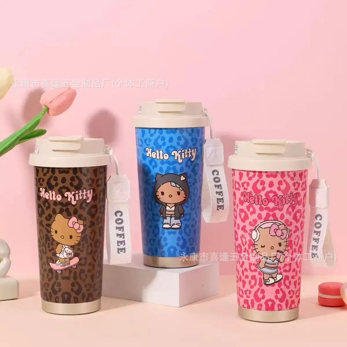 

Hello Kitty Leopard Print 316 Stainless Steel Insulated Tumbler 2-in-1 Coffee Mug With Straw Car Cup For Women