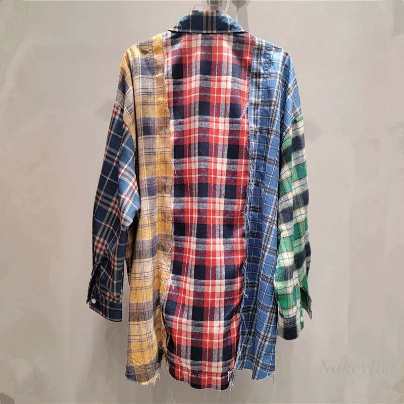 Retro Loose Casual Plaid Shirt Women\'s 2024 Autumn Splicing Contrasting Color Design Hot Girl Top Long Sleeve Street Blouse