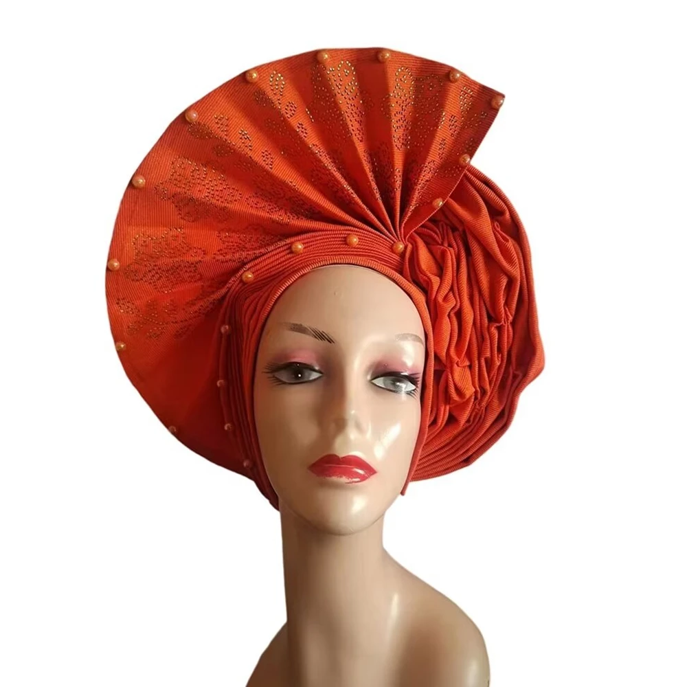 Orange African Headtie Auto Gele With Rhinestones Headtie Already Made Gele Aso Ebi African Turban Cap For Wedding