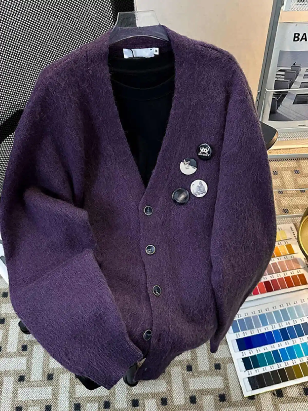 

Женский фиолетовый кардиган, свитер, винтажный корейский джемпер 2000-х годов Y2k, трикотаж с длинными рукавами и v-образным вырезом, кашемировый свитер большого размера, осень 2025 г.
