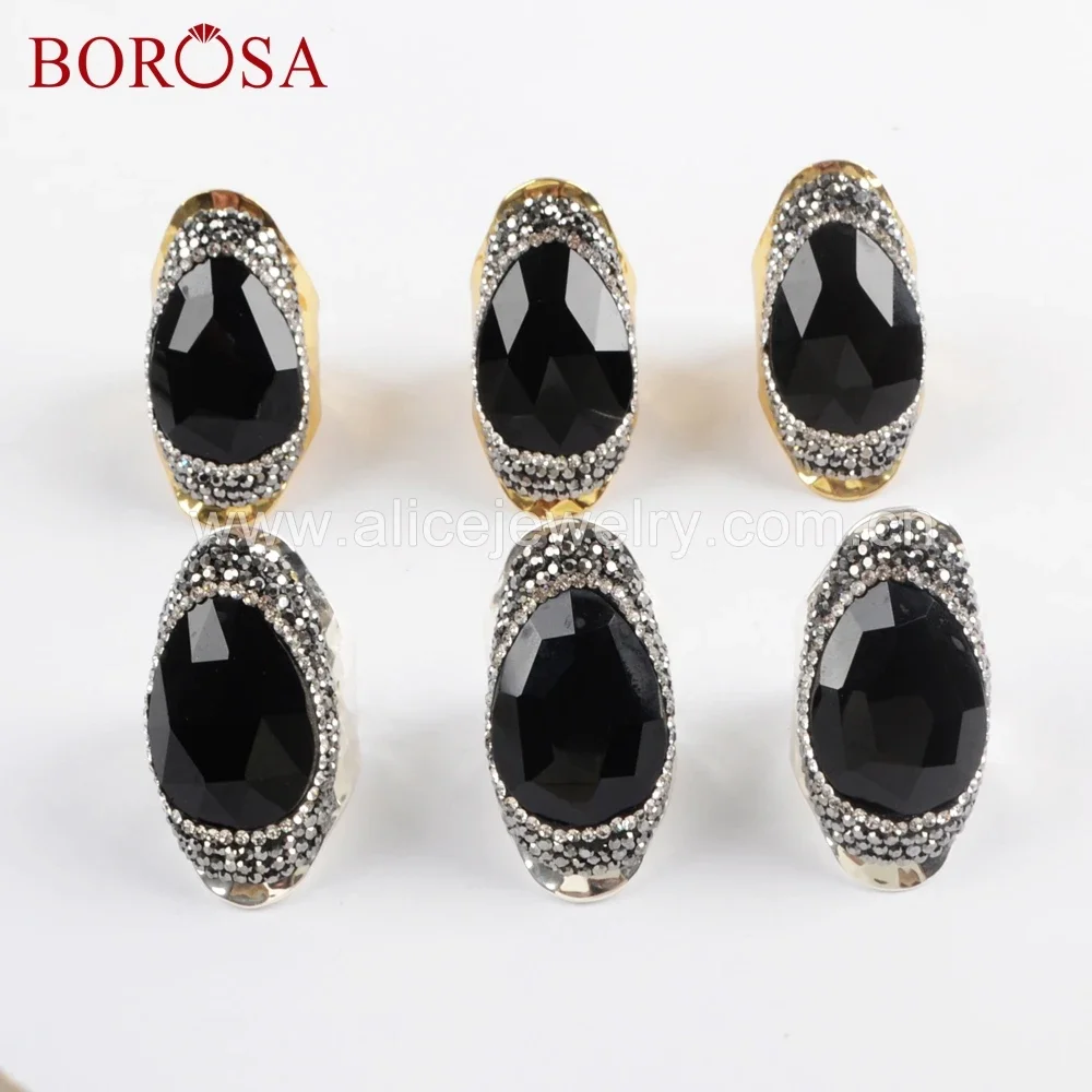 

BOROSA 5PCS Fashion Golden/Silver Color Rhinestone Paved Black Agates Faced Stone Ring Druzy Rings Party Jewelry for Women Gifts