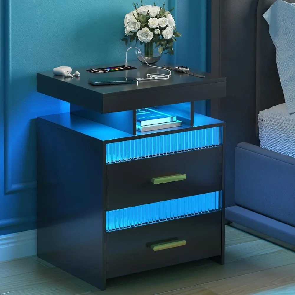 

Nightstand with Charging Station, 2 Drawers Modern End Table, Bedside Table with Human Sensor & LED Lights for Bedroom, Black