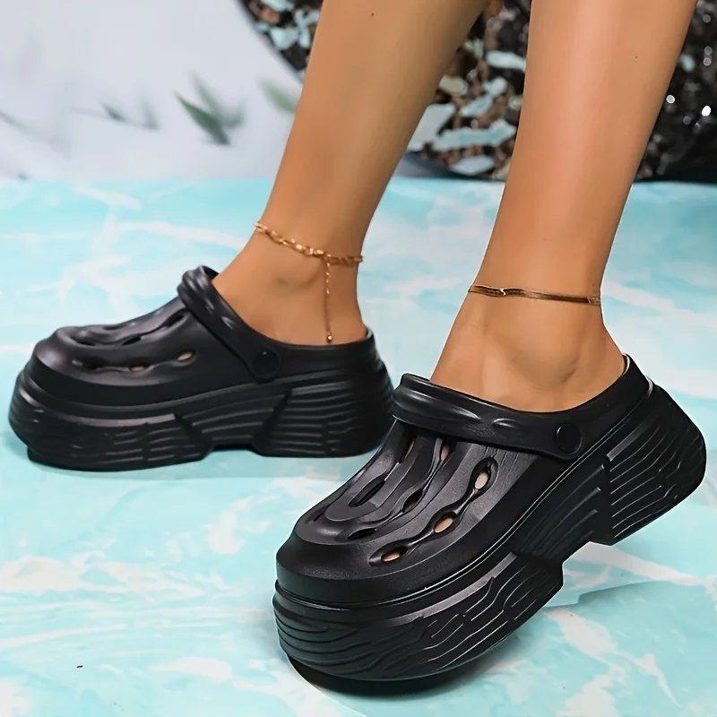 Trendy Platform Clogs For Women, Breathable Hollow Beach Garden Sandals, Casual Solid Color Outdoor Slide Shoes