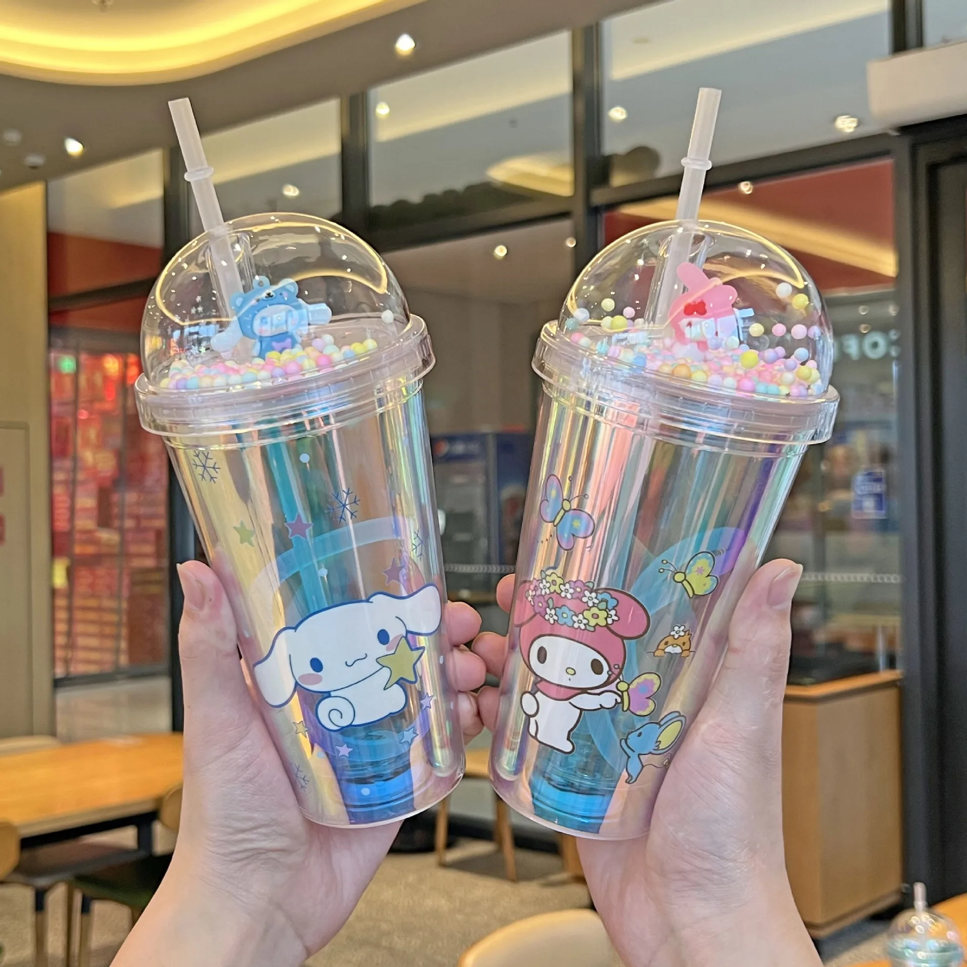 

450 мл Sanrio Лазерная соломенная чашка аниме Hello Kitty Cinnamoroll двухслойная пластиковая чашка для воды для детей портативная Спортивная бутылка