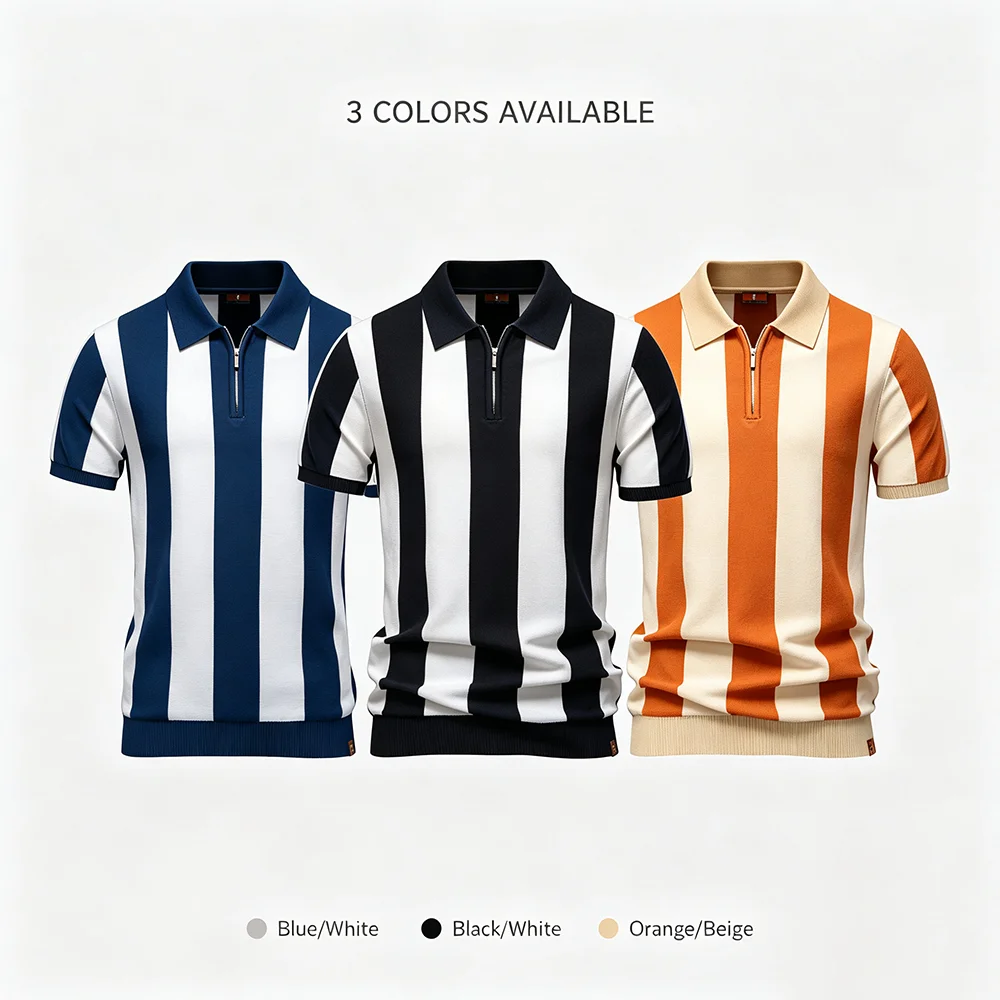 Men's Striped Knit Polo Shirt New Summer Lapel Short Sleeve Mens Top Gentleman Smart Casual Knit Polo