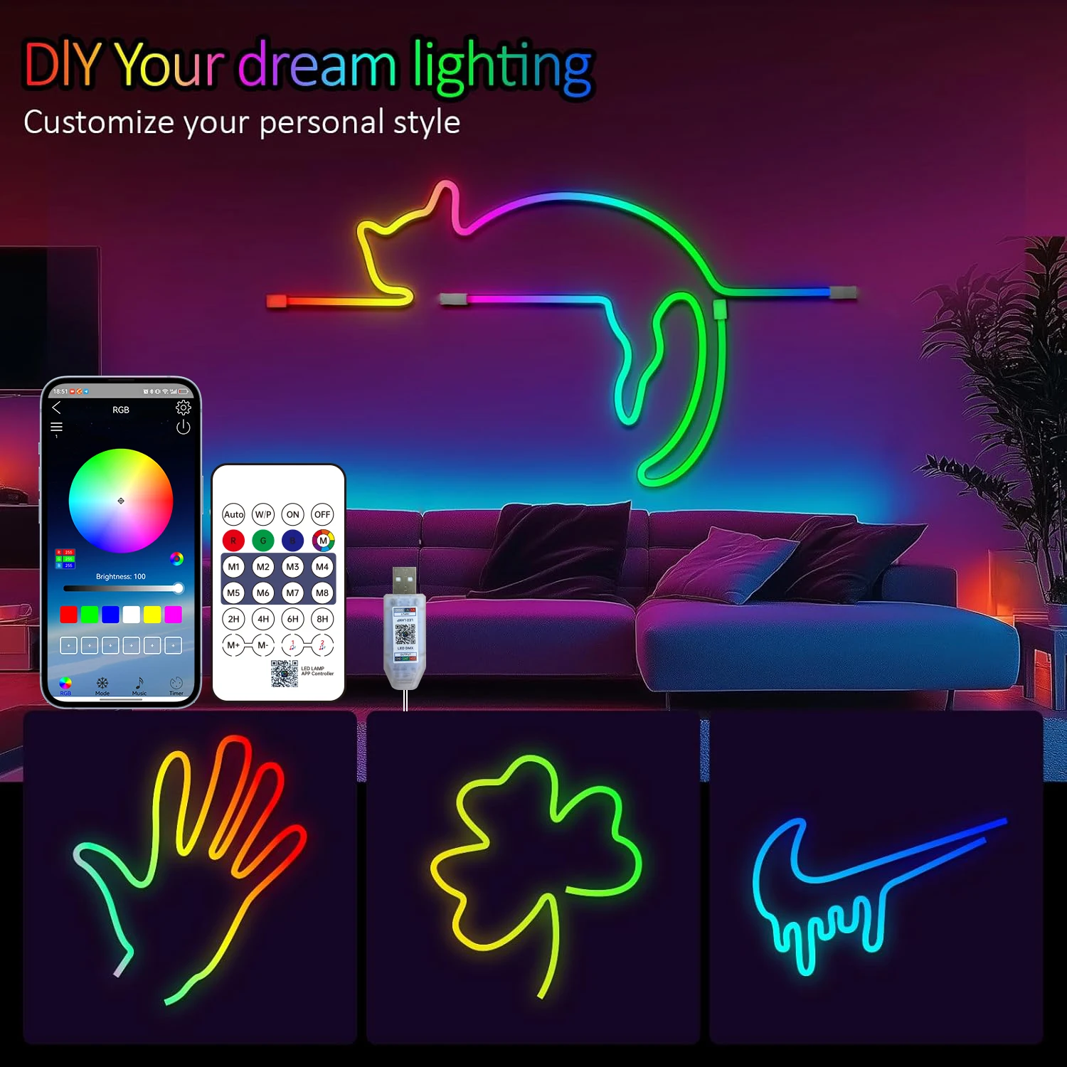 1M 2M 3M 5M 10M 5V RGB IC Neon Strip Light USB Waterproof Dream Full Color LED Strip Lights Bluetooth Remote Control Room Decor
