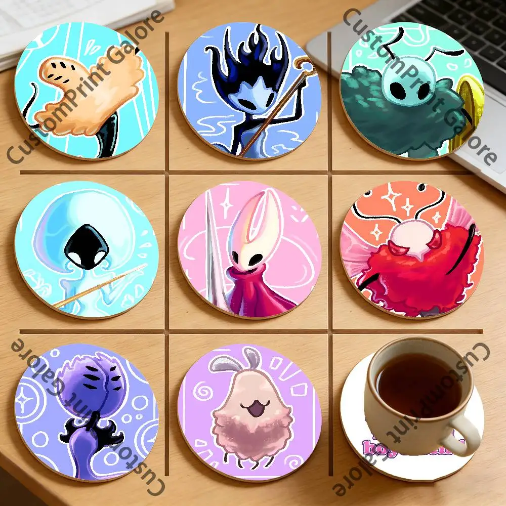

H-Hollow K-Knight S-Silksong Natural Pine Wood Round Coasters Non-Slip Heat-Resistant Cup Mats for Coffee Drinks