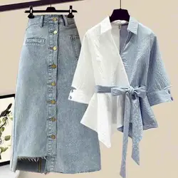 Large M-4xl Women's Spring and Summer Suit Fashionable Thin Age Reducing Shirt Short Sleeve Skirt Two Piece Set Women's Suit