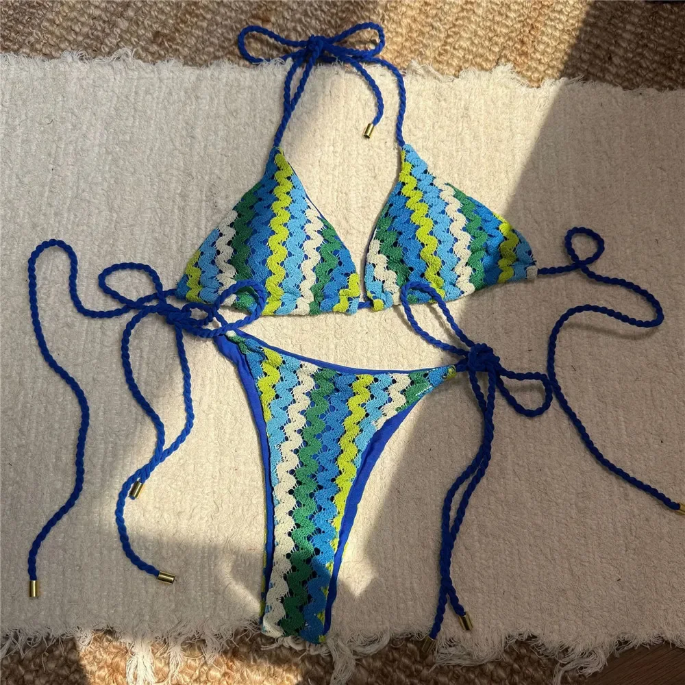 

Синий купальник с вышивкой из веревки, треугольное бикини с лямкой на шее, микро-стринги, сексуальный купальник, женский купальный костюм 2025 года, комплекты бикини Mujer