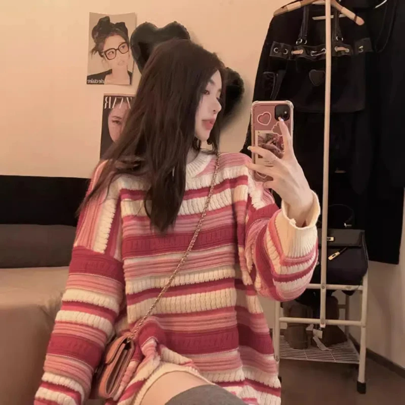 

Striped Contrasting Round Neck Sweater Autumn and Winter New Style Stylish Design Loose Knit Top Women's Clothing