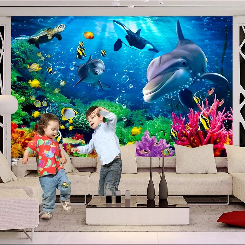 Custom Photo 3D Wallpaper Underwater World Dolphin Cartoon Mural Living room sofa TV background wall bedroom restaurant Hotel 8d