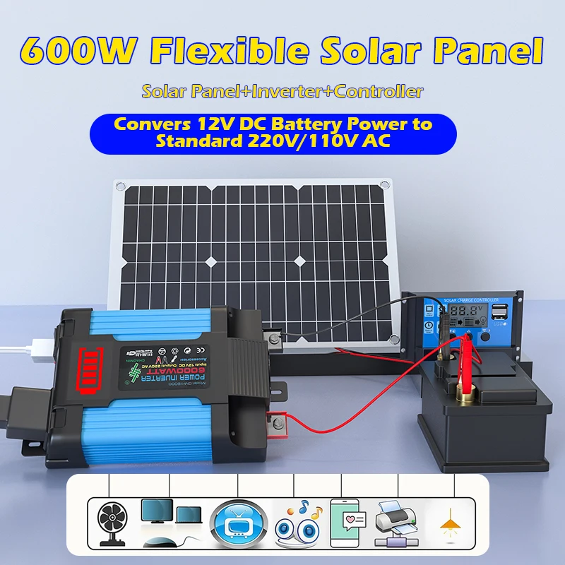 Complete Solar Power Kit 600W Panel 4KW 6KW Inverter100A Controller 110V-220V Solar Intelligent System Easy Install for Home RV