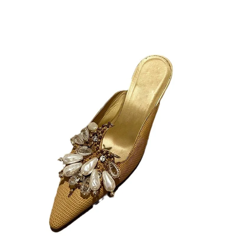 

Golden Baotou Cool Slippers Women's Summer French Small Heel Versatile Pointed Muller High Heels