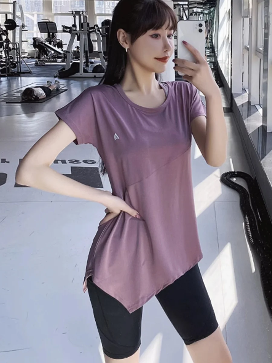 

Женская футболка Ice Silk Qui Dry ort Sve, летняя тонкая асимметричная спортивная одежда средней длины для бега, фитнеса, йоги, топ