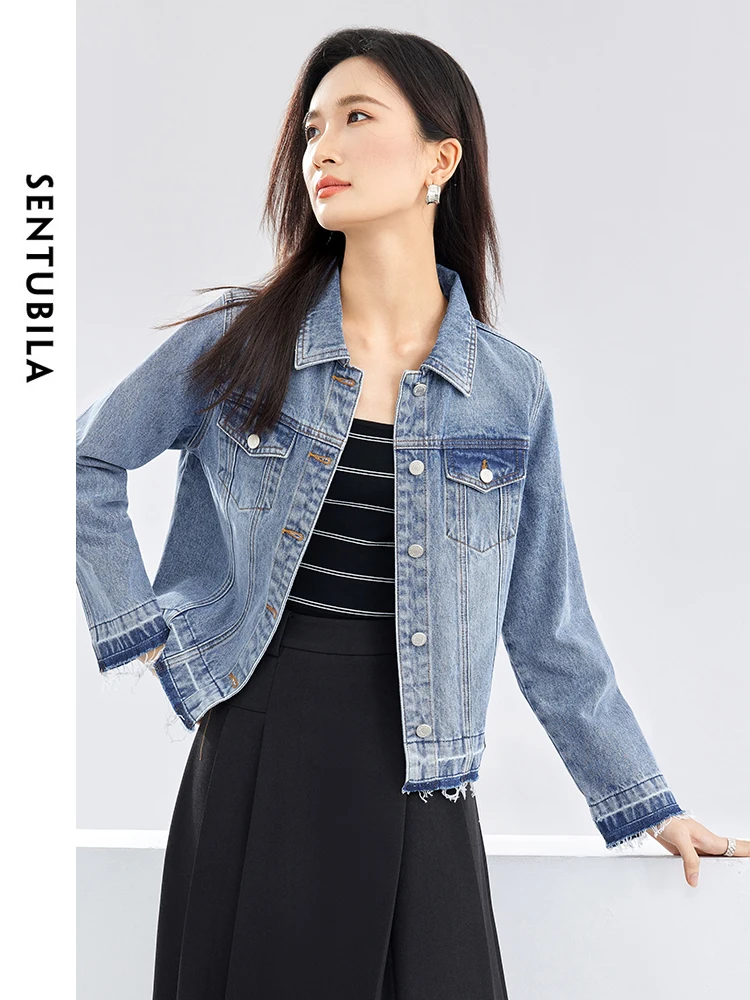 

SENTUBILA Cotton 100% Cropped Denim Jacket Women 2024 Spring Simple Lapel Fashion Single Breasted Washed Jean Coat W41W53117