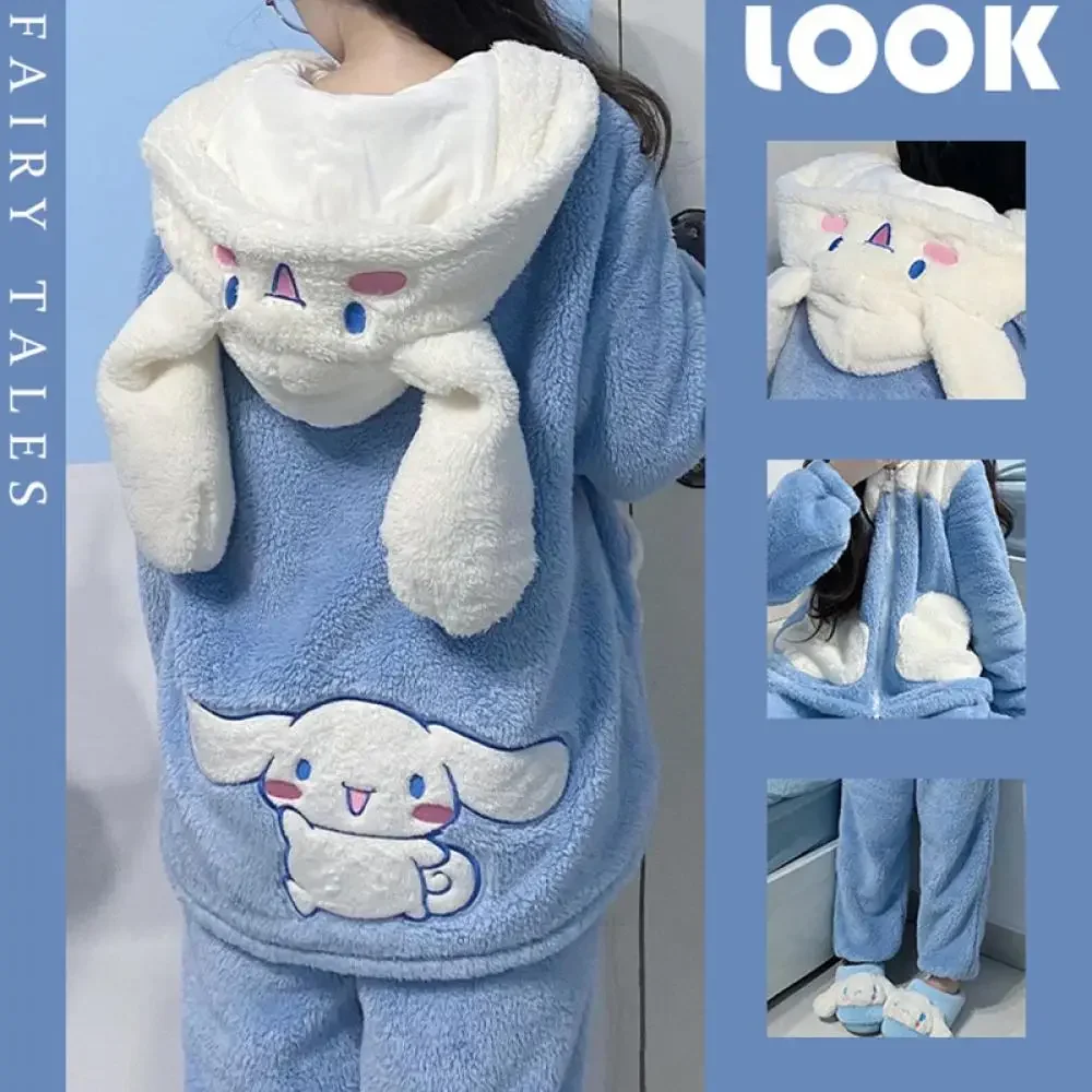 Kawaii Cinnamoroll 2Pcs Women's Plush Pajamas Suit Sanrioed Winter Hooded Home Clothes Cartoon Thickened Homewear Soft Girls