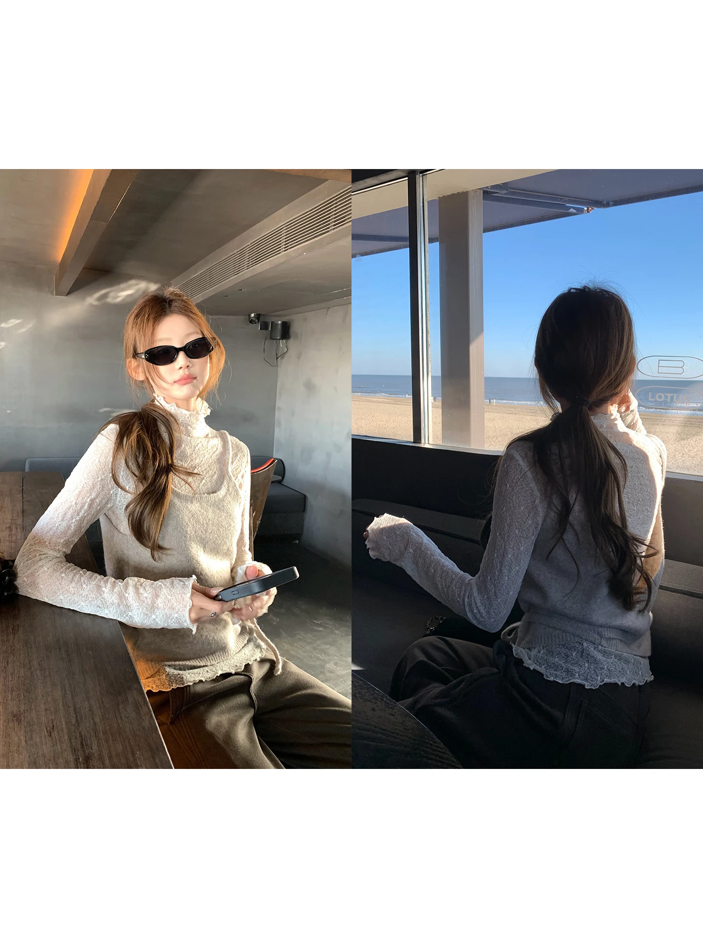 

Корейский вязаный комплект из двух предметов для женщин: базовая футболка с кружевом и длинными рукавами, круглый вырез, дышащий, приятный для кожи, на каждый день.