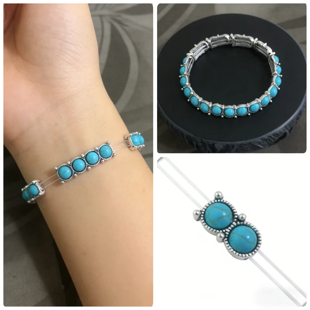 A vintage vintage Bohemian style turquoise bracelet with elastic rope and adjustable design, made of vintage silver alloy textur