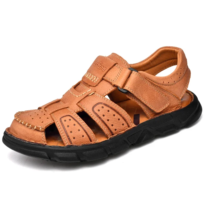 

Men Genuine Leather Sandals Summer Men Shoes Open-Toed Slippers Soft Sandal Men Roman Comfortable Outdoor Beach Walking Footwear