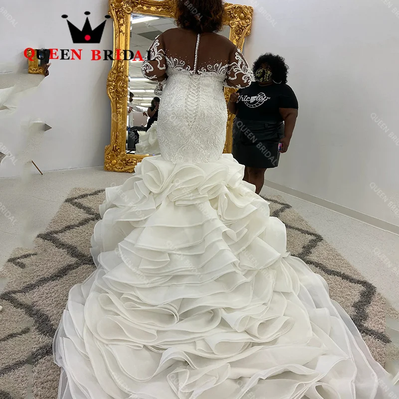 Appliques Beading Exquisite Mermaid Wedding Dress Long Sleeve O Neck Ruffles Train Bridal Gown Vestidos De Novia Custom S14Y