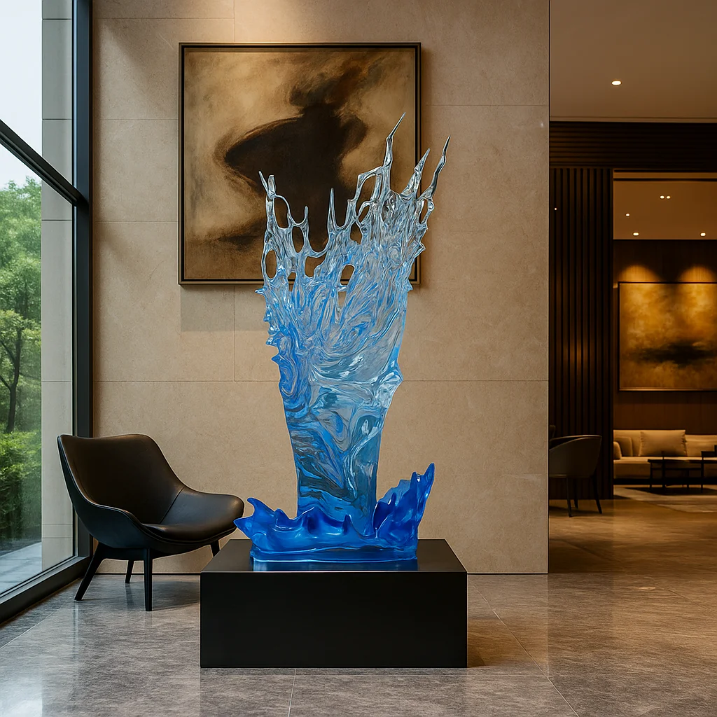 *#Q  Blue Transparent Resin Splash Art Sculpture Modern Indoor Home Hotel Decor Ornament&