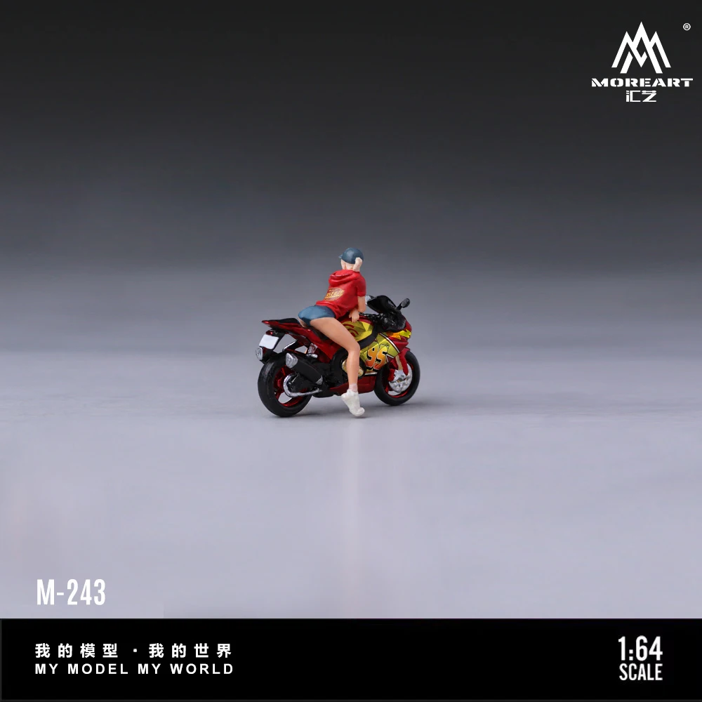 MoreArt 1:64 Resin Model Motorcycle Lightning Red Trendy Girl Figure Set Mini Scene Collectible Doll view 2