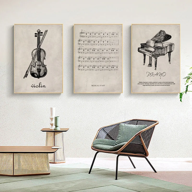 Pósteres e impresiones nórdicos de partituras de Piano y violín Retro, pintura en lienzo, imágenes artísticas de pared para decoración del hogar y la sala de estar