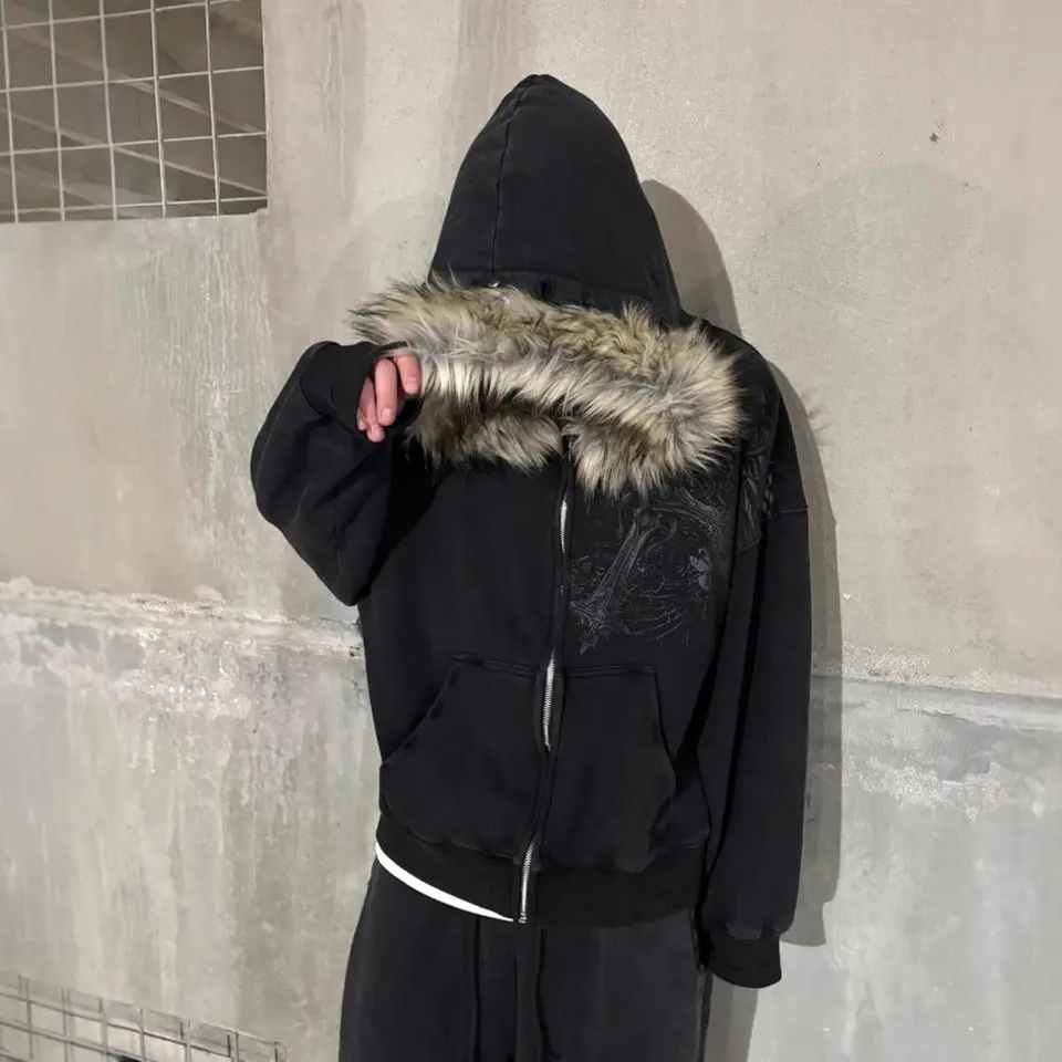 ☆*☆様 2000s Fur Zip Hoodie 2000s Vintage Therian Fur Hood Jacket Y2k Goth Zip Up Hoodie