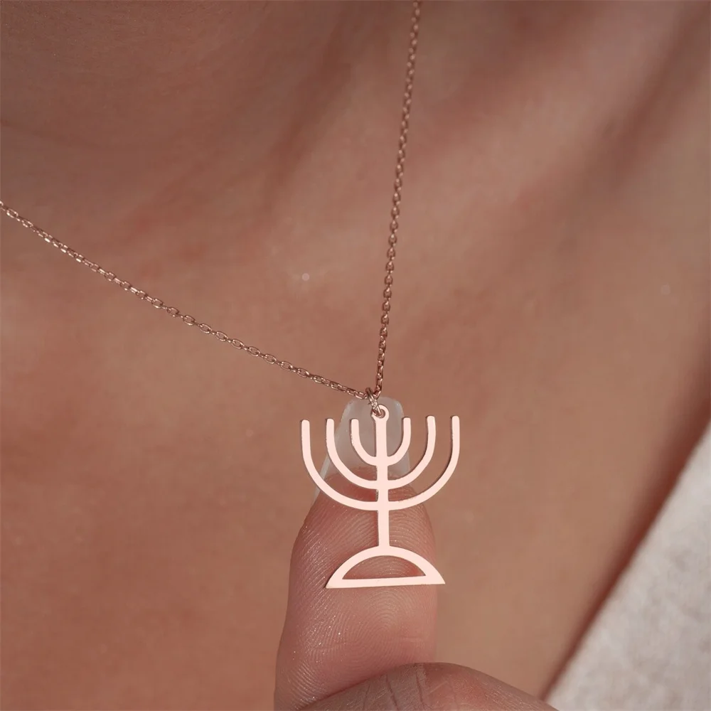 Retro Jewish Menorah Stainless Steel Pendant Judaica Hebrew Israel Faith Lamp Hanukkah Necklace Religious Jewelry for Women Men