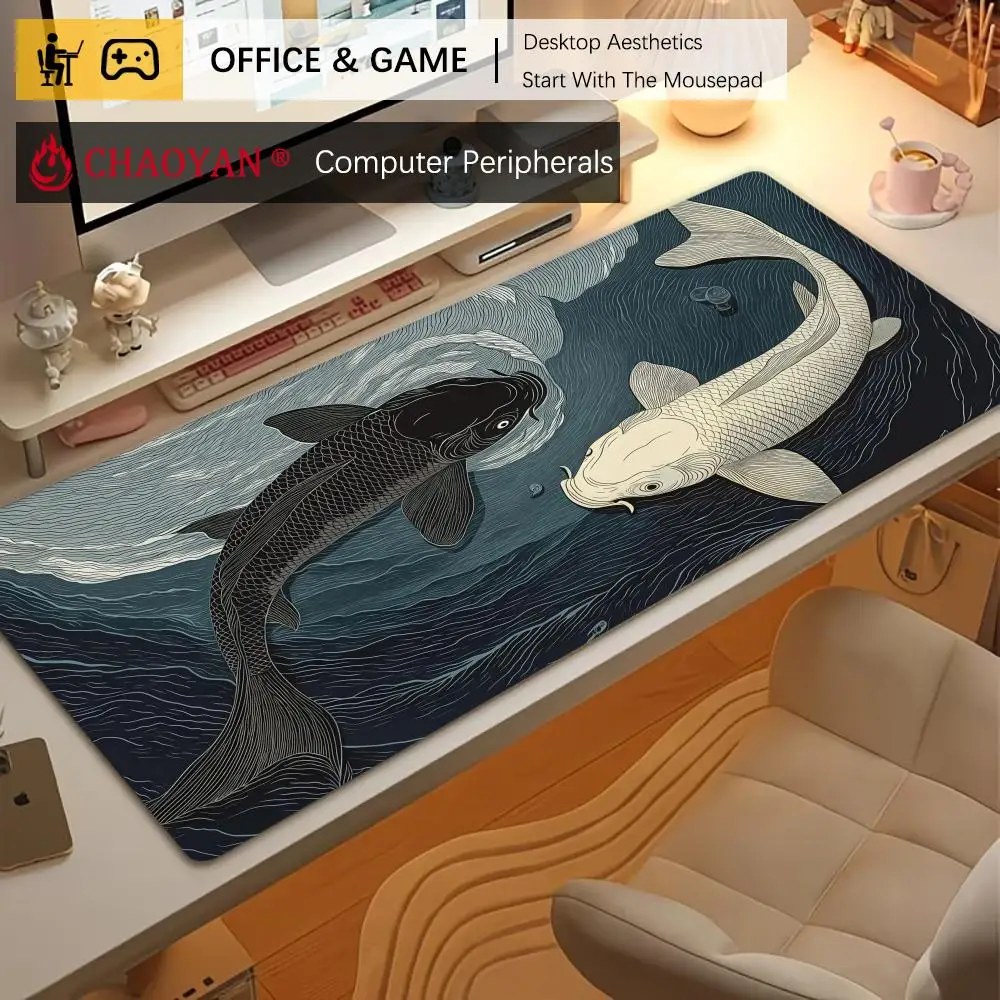 Art Koi Fish Illustration large Mouse Pad Desk Mat Non-Slip Durable office mouse mat gaming mats with Stitched Edge HD printing