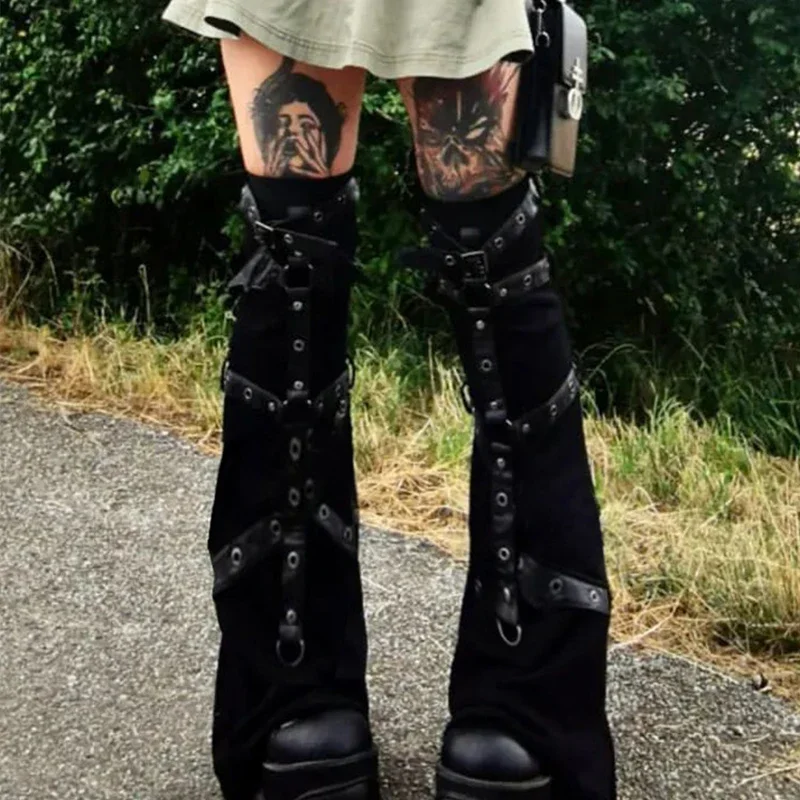 

Dark Gothic Eyelet Strap Punk Buckle Leg Warmers Black Hot Leg Gothic Warmer Y2K Women Rock Harajuku Long Cable High Boots Socks