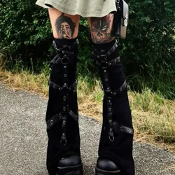 Dark Gothic Eyelet Strap Punk Buckle Leg Warmers Black Hot Leg Gothic Warmer Y2K Women Rock Harajuku Long Cable High Boots Socks
