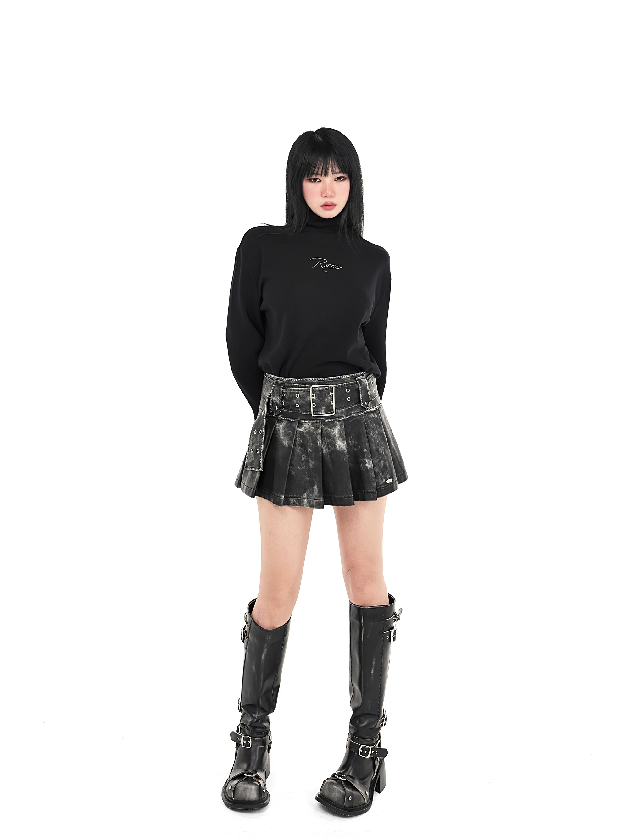 Harajuku Punk Style High Waist Splicing Black Fashion Streetwear, Double Row Hole, Personalized Metal Skirt, Hot Girl, New