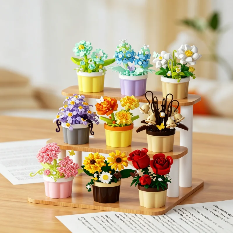 Creative mini flowerpot building block set, stackable flower building block toys, realistic artificial flower bonsai decorations