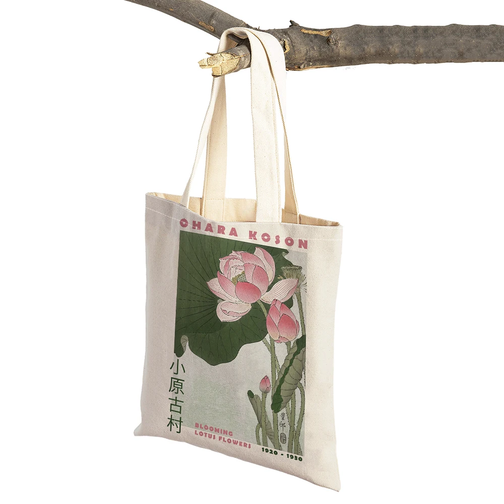 Hokusai Ohara Koson Japan Women Shopping Bag Double Print Abstract Casual Shopper Bags Lady Linen Tote Flower Travel Handbag