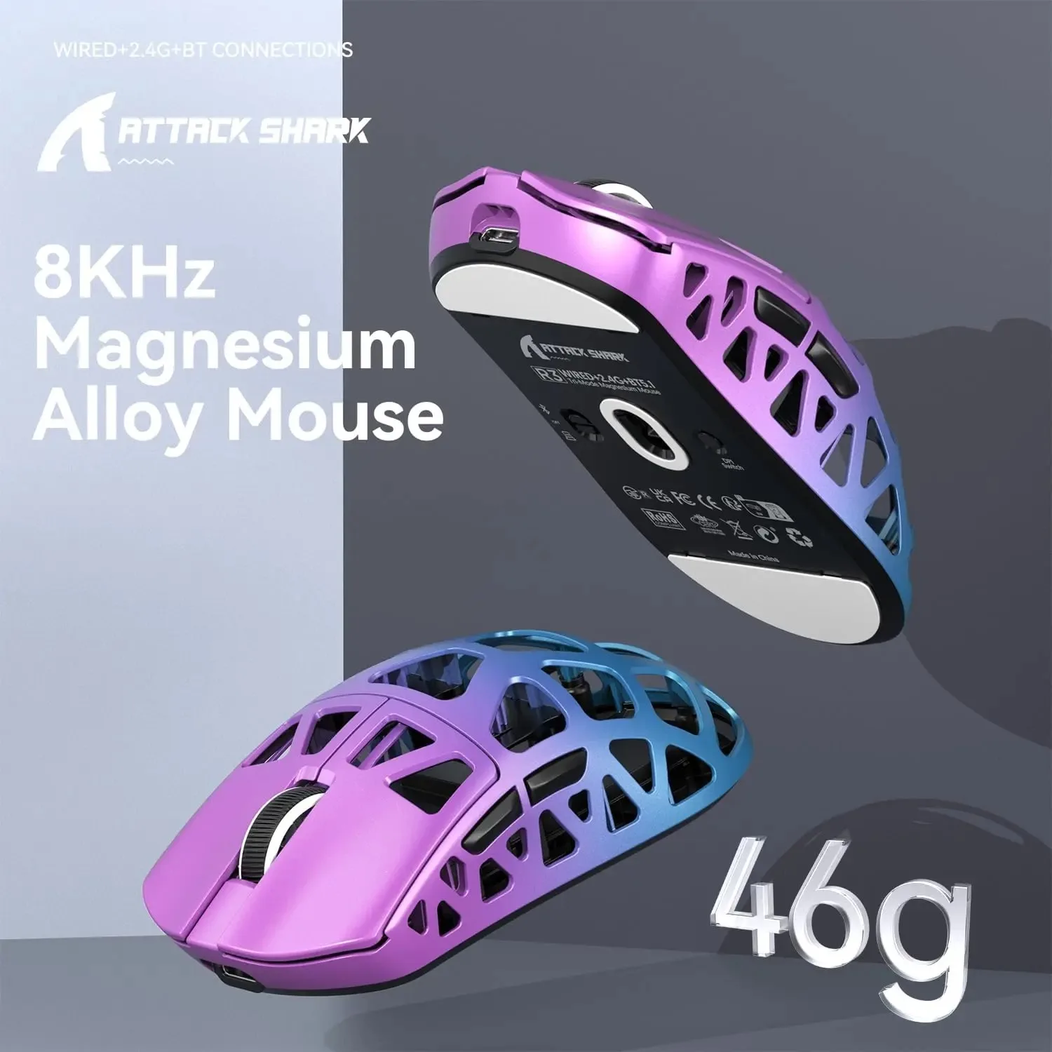 ATTACK SHARK R3 Gaming-Maus, Wabenstruktur aus Magnesiumlegierung, ultraleicht, 8 kHz, PAW3395-Sensor, 26000 DPI, ergonomisches Gehäuse