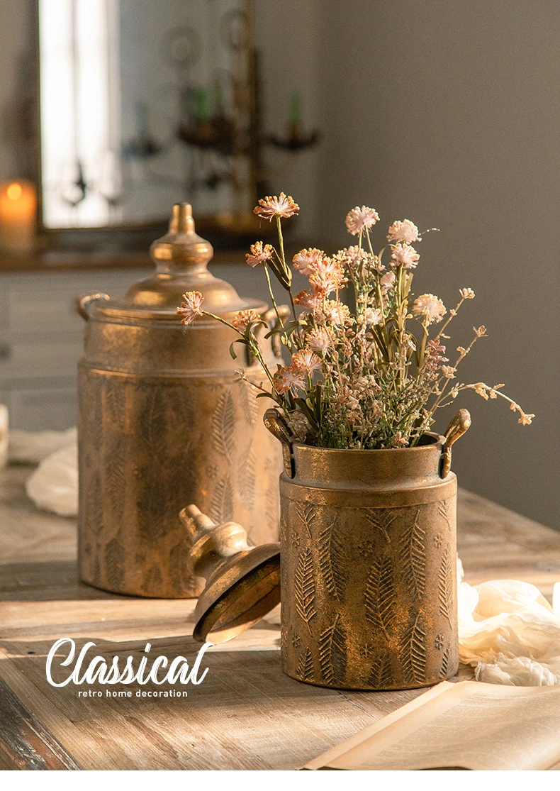 Vintage Feather Pattern Iron Storage Jar | Antique Gold Decorative Vessel | Handcrafted Lid Container | Boho Home Decor
